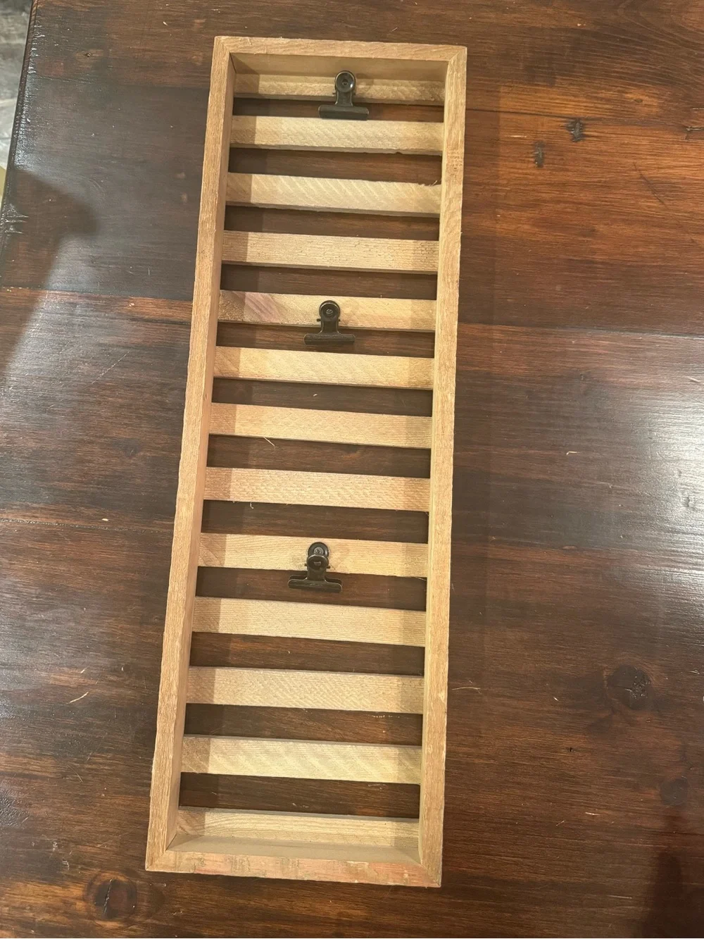 Rustic Wooden Wall Organizer with 3 Metal Clips | Farmhouse Memo Photo Display |
